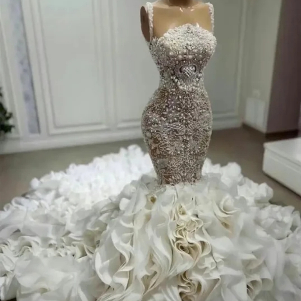 Mermaid wedding dress Luxury pearl lace white beaded long train .